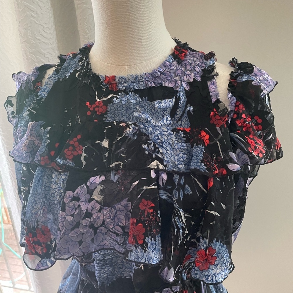 Alice + Olivia Nichola Drop Shoulder Flounce Tiered Dress Floral EUC 6 - Picture 6 of 14